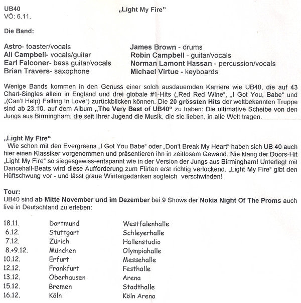 UB40 : Light My Fire (CD, Single, Promo, Car)
