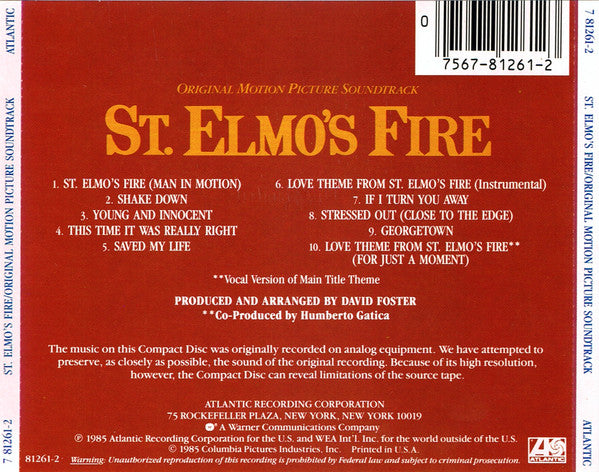 Various : St. Elmo's Fire (Original Motion Picture Soundtrack) (CD, Album, RP)