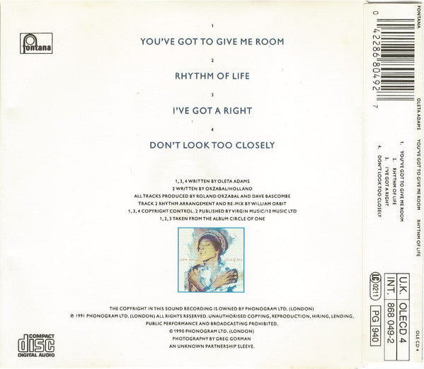 Oleta Adams : You've Got To Give Me Room / Rhythm Of Life (CD, Single)