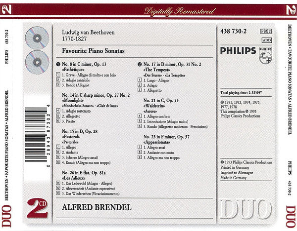 Ludwig van Beethoven –  Alfred Brendel : Favourite Piano Sonatas (2xCD, Comp, RE, RM)