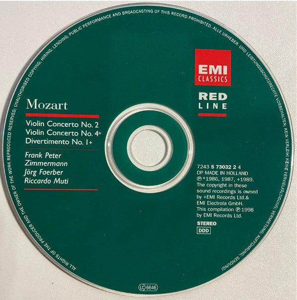 Wolfgang Amadeus Mozart - Frank Peter Zimmermann, Jörg Faerber, Riccardo Muti : Violin Concertos Nos. 2 & 4 / Divertimento No. 1 In D (CD, Comp)