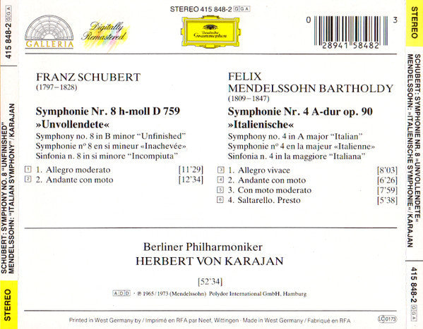 Franz Schubert, Felix Mendelssohn-Bartholdy, Berliner Philharmoniker, Herbert von Karajan : Symphonie Nr. 8 »Unvollendete« / Symphonie Nr. 4 »Italienische« (CD, Comp, RM)