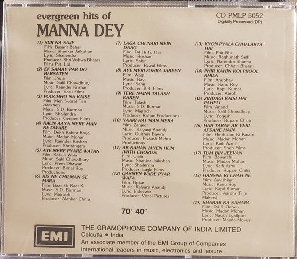 Manna Dey : Evergreen Hits Of Manna Dey (CD, Comp)