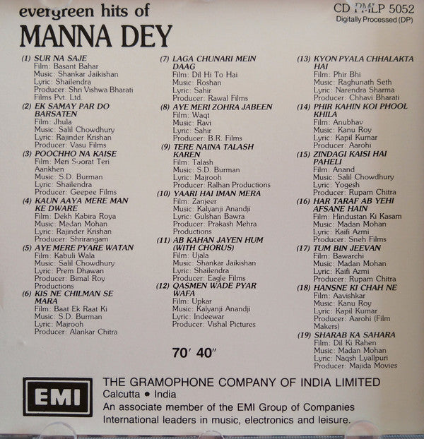 Manna Dey : Evergreen Hits Of Manna Dey (CD, Comp)