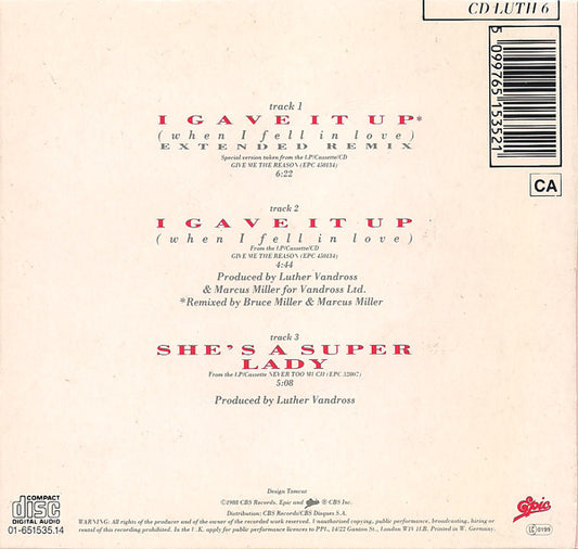 Luther Vandross : I Gave It Up (When I Fell In Love) (CD, Single)