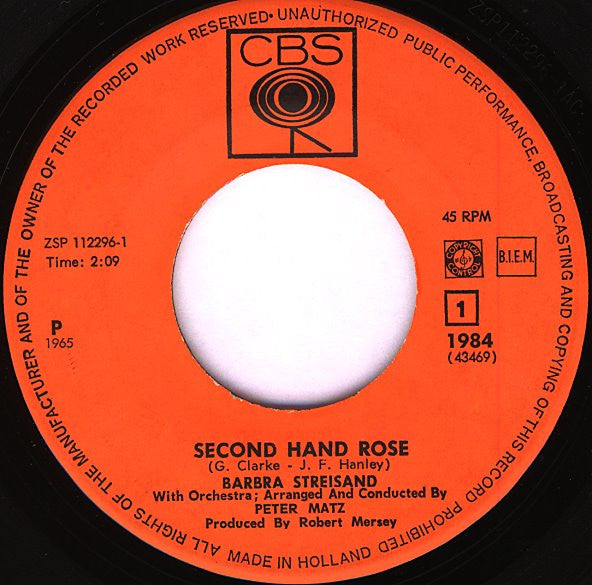 Barbra Streisand : Second Hand Rose / The Kind Of Man A Woman Needs (7")