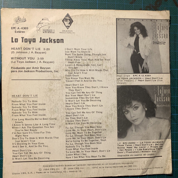 La Toya Jackson : Heart Don't Lie (7", Single)