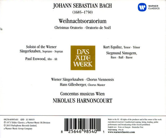 Johann Sebastian Bach, Paul Esswood, Kurt Equiluz, Siegmund Nimsgern, Die Wiener Sängerknaben, Concentus Musicus Wien, Nikolaus Harnoncourt : Weihnachtsoratorium = Christmas Oratorio = Oratorio de Noel (2xCD, RE)