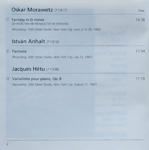 Oskar Morawetz / István Anhalt / Jacques Hétu / Barbara Pentland / Fartein Valen / Glenn Gould : Glenn Gould Plays Contemporary Music (CD, Comp, RM)