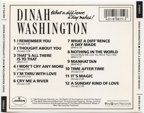 Dinah Washington : What A Diff'rence A Day Makes! (CD, Album, RE, RP)
