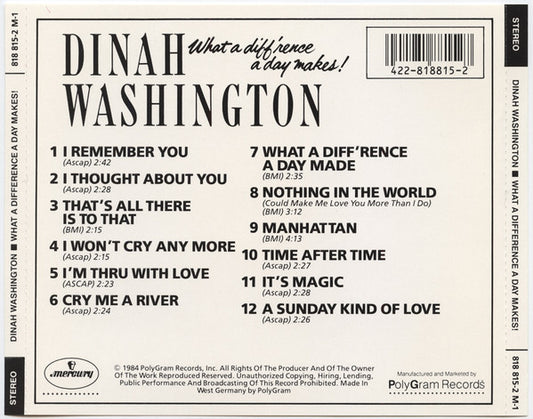 Dinah Washington : What A Diff'rence A Day Makes! (CD, Album, RE, RP)
