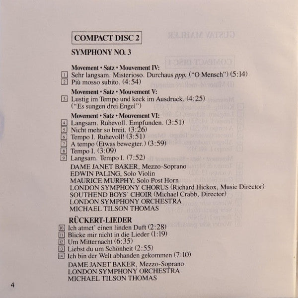 Gustav Mahler, Janet Baker, London Symphony Orchestra, Michael Tilson Thomas : Symphony No 3 - Rückert-Lieder (2xCD)