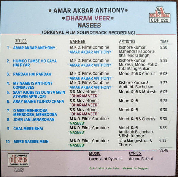 Laxmikant-Pyarelal, Anand Bakshi : Amar Akbar Anthony/Dharam Veer/Naseeb (CD, Comp)
