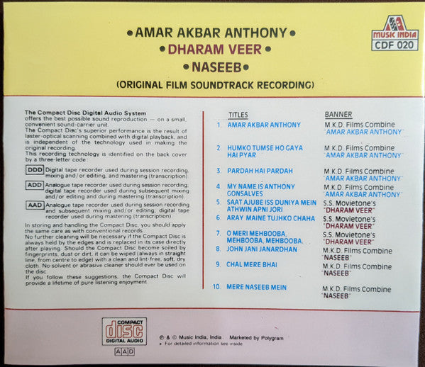 Laxmikant-Pyarelal, Anand Bakshi : Amar Akbar Anthony/Dharam Veer/Naseeb (CD, Comp)