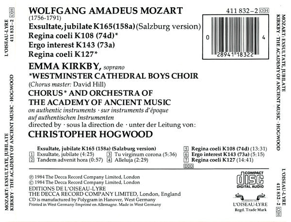 Wolfgang Amadeus Mozart / Emma Kirkby, Westminster Cathedral Choir, The Academy Of Ancient Music Chorus & The Academy Of Ancient Music, Christopher Hogwood : Exsultate Jubilate / Motets · Motetten (CD, Album)