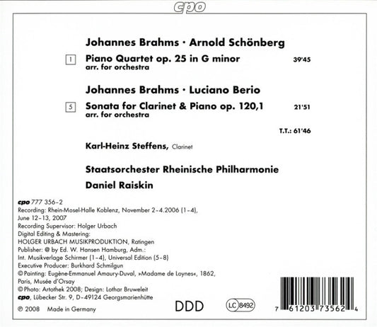 Johannes Brahms Arr. Arnold Schoenberg, Luciano Berio - Karl-Heinz Steffens, Rheinische Philharmonie, Daniel Raiskin : Brahms-Arrangements: Piano Quartet; Clarinet Sonata (CD, Album)