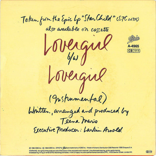 Teena Marie : Lovergirl / Lovergirl (Instrumental) (7", Single)