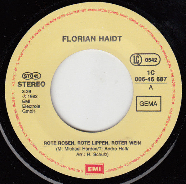 Florian Haidt : Rote Rosen, Rote Lippen, Roter Wein (7", Single)