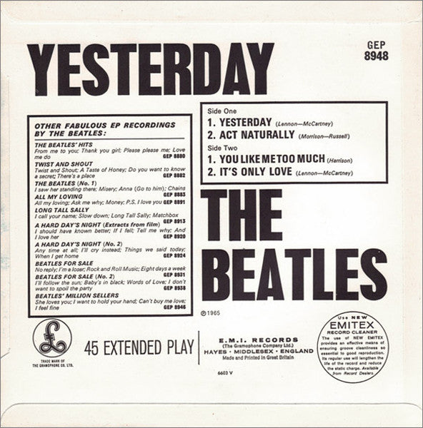 The Beatles : Yesterday (7", EP, Mono, RE)