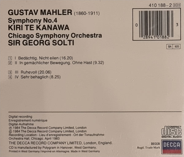 Gustav Mahler - Kiri Te Kanawa, Chicago Symphony Orchestra, Georg Solti : Symphony No. 4 (CD, Album, RE)