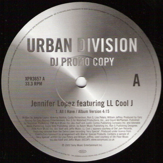 Jennifer Lopez Featuring LL Cool J : All I Have (12", Promo)