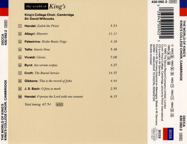 The King's College Choir Of Cambridge, David Willcocks, Gregorio Allegri, Georg Friedrich Händel, William Byrd, Thomas Tallis, Giovanni Pierluigi da Palestrina, Johann Sebastian Bach, Antonio Vivaldi, Orlando Gibbons : The World Of King's (CD, Comp, RM)