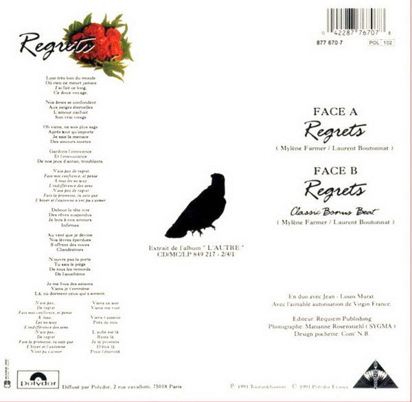 Mylène Farmer, Jean-Louis Murat : Regrets (7", Single, Pap)