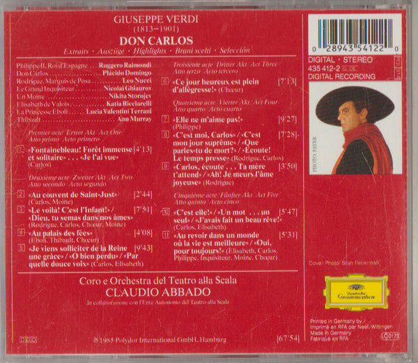 Giuseppe Verdi - Placido Domingo · Katia Ricciarelli · Lucia Valentini Terrani · Ruggero Raimondi · Leo Nucci · Nicolai Ghiaurov · Coro Del Teatro Alla Scala E Orchestra Del Teatro Alla Scala · Claudio Abbado : Don Carlos (Auszüge = Highlights = Extraits) (CD)
