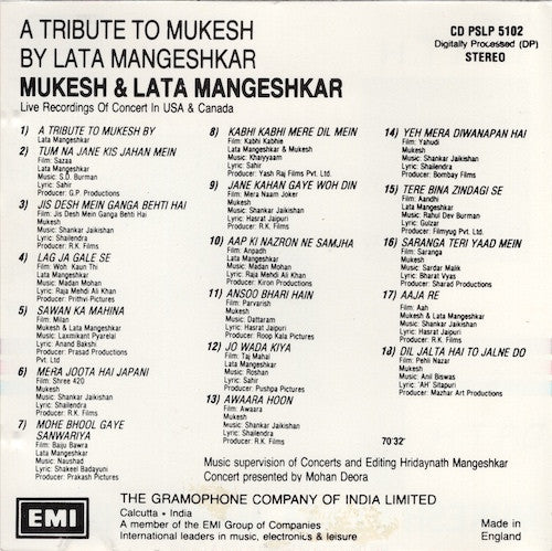 Mukesh, Lata Mangeshkar : A Tribute to Mukesh by Lata Mangeshkar (CD)