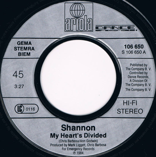 Shannon : My Heart's Divided / Sweet Somebody (7", Single)
