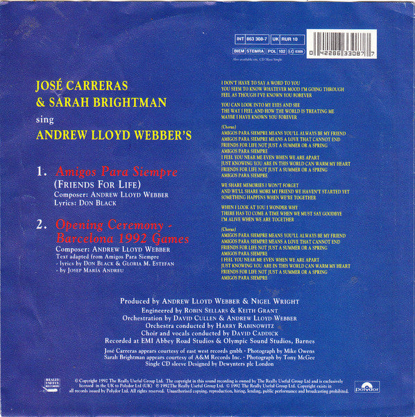 José Carreras & Sarah Brightman : Amigos Para Siempre (Friends For Life) (7", Single)
