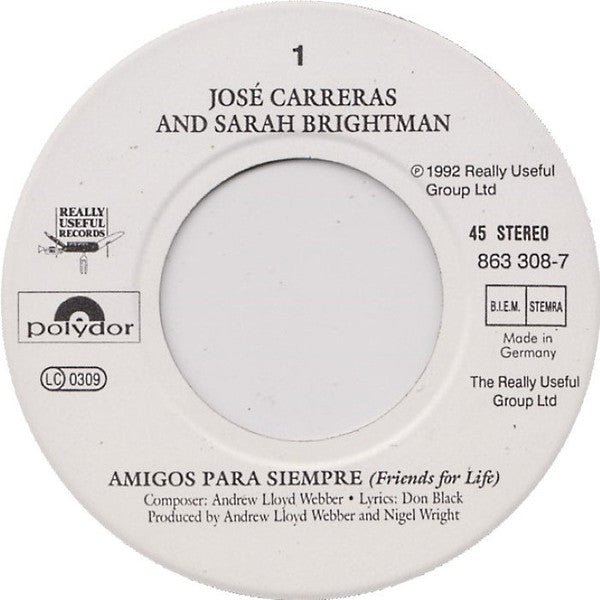 José Carreras & Sarah Brightman : Amigos Para Siempre (Friends For Life) (7", Single)