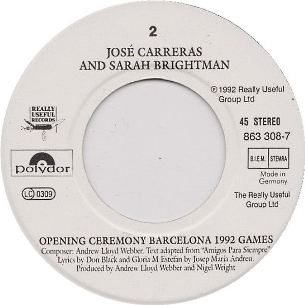 José Carreras & Sarah Brightman : Amigos Para Siempre (Friends For Life) (7", Single)