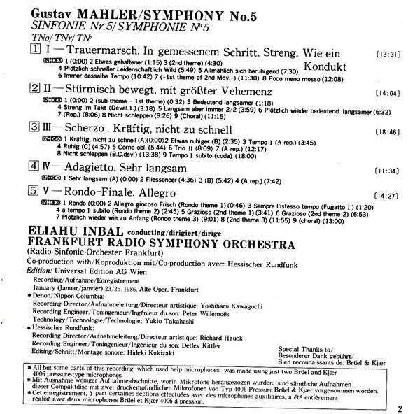 Gustav Mahler / Radio-Sinfonie-Orchester Frankfurt / Eliahu Inbal : Symphony No. 5 (CD, Album, pre)