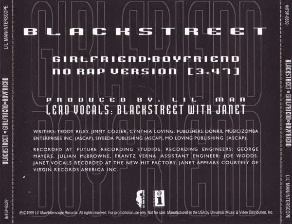 Blackstreet With Janet Jackson : Girlfriend/Boyfriend (No Rap Version) (CD, Single, Promo)