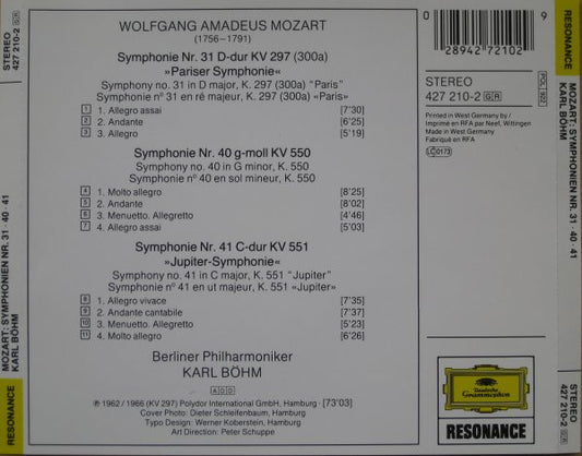 Wolfgang Amadeus Mozart / Berliner Philharmoniker, Karl Böhm : Symphonien Nr. 31 »Pariser« • Nr. 40 • Nr. 41  »Jupiter« (CD, Comp)