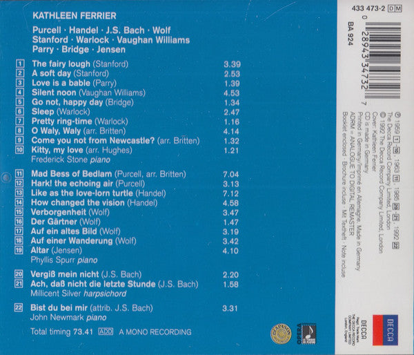 Kathleen Ferrier, Henry Purcell, Georg Friedrich Händel, Johann Sebastian Bach, Hugo Wolf : Broadcast Recitals (CD, Album, Comp, Mono, RM)