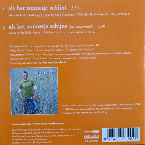 Jannes : Als Het Zonnetje Schijnt (CD, Single)