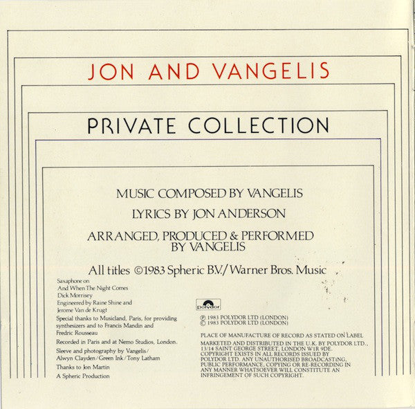 Jon & Vangelis : Private Collection (CD, Album)