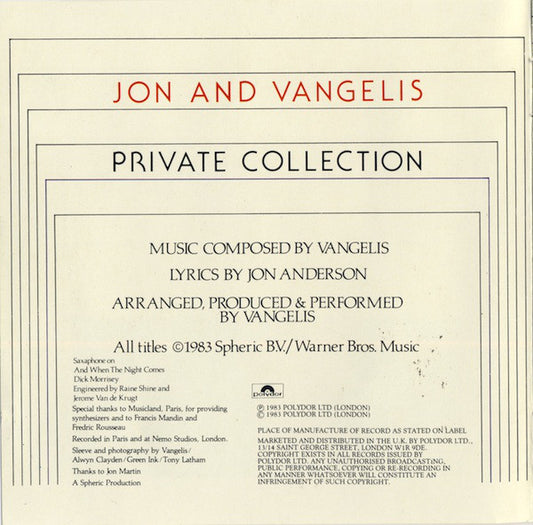 Jon & Vangelis : Private Collection (CD, Album)