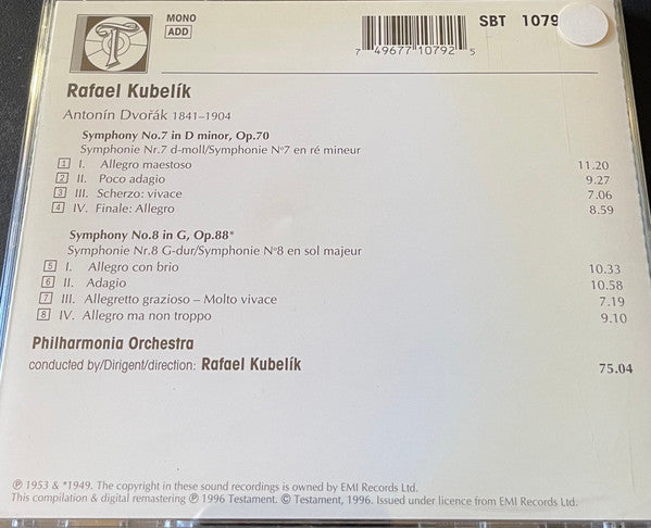 Rafael Kubelik / Antonín Dvořák / Philharmonia Orchestra : Symphonies No.7 / Symphony No.8 (CD, Comp, Mono, ADD)