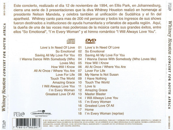 Whitney Houston : Concert For South Africa (CD, Album + DVD-V, NTSC)