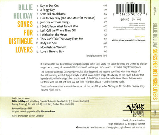 Billie Holiday : Songs For Distingué Lovers (CD, RE, RM)