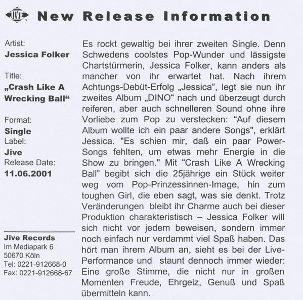 Jessica Folcker : Crash Like A Wrecking Ball (CD, Maxi)