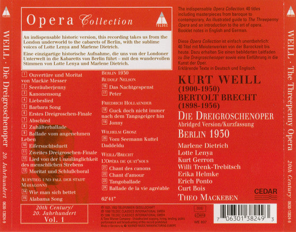 Kurt Weill : Die Dreigroschenoper / The Threepenny Opera (CD, Comp, RP)