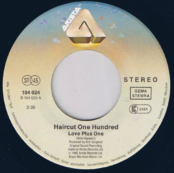 Haircut One Hundred : Love Plus One (7", Single)