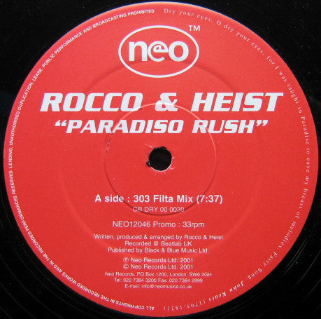 Rocco & Heist : Paradiso Rush (12", Promo)