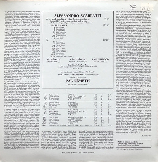 Alessandro Scarlatti, Mária Zádori, Paul Esswood, Capella Savaria, Pál Németh : Stabat Mater  (LP)