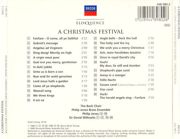 The Bach Choir, Philip Jones Brass Ensemble, David Willcocks : A Christmas Festival - 26 Favourite Carols (CD, Album, Comp, RE)