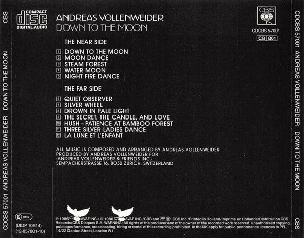 Andreas Vollenweider : Down To The Moon (CD, Album, RE)